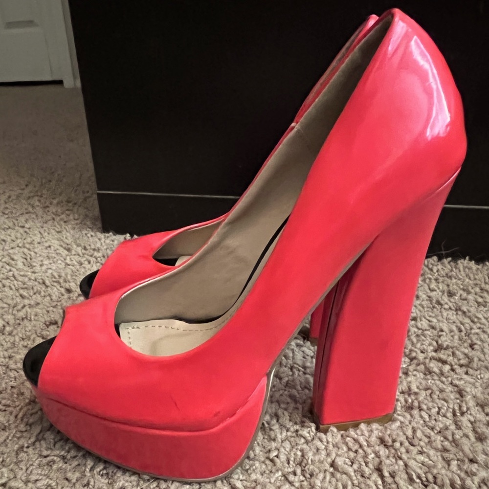 Orange & black chunky peep toe heels
